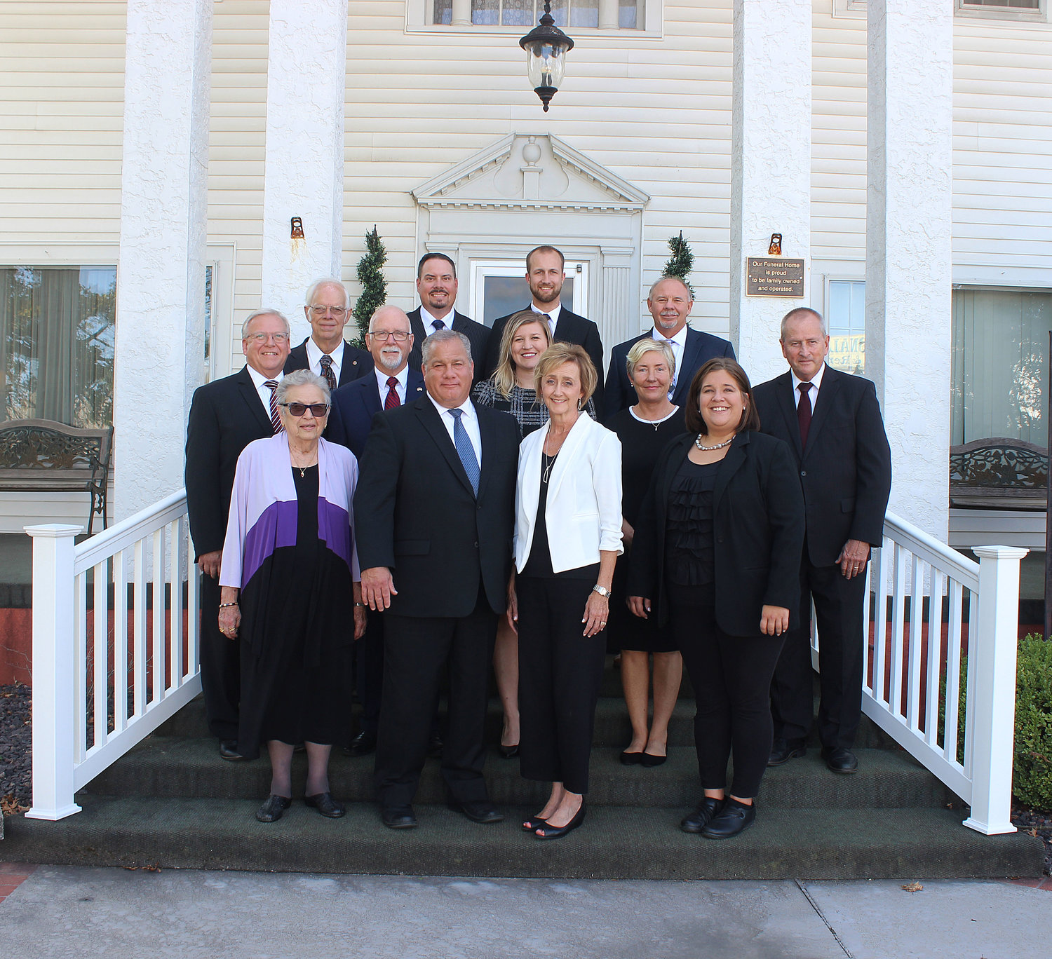 The staff of the now expanded Craig-Hurtt Funeral Home. Front row, from left: Maxona Lawler, Office Manager; Ben Hurtt, Funeral Director/Embalmer; Rhonda Hurtt, Owner/Funeral Director; and Mattie Adams, Funeral Director/Embalmer. Second row: Rick Bruffett, Funeral Director; Ray Bradley, Funeral Director/Embalmer; Amanda Hurtt, Office Manager/HR; Angela Miller, Funeral Director/Embalmer; and John Miller, Funeral Director/Embalmer. Third row: Bob Crump, Funeral Assistant; Jared Moore, Funeral Director/Embalmer; Zach Hurtt, Funeral Director/Embalmer; and Allen Dickison, Funeral Assistant. Not pictured: Jan Fugitt, Office Manager.