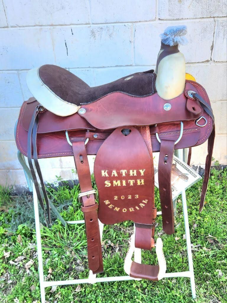 The 2023 Kathy Smith Memorial saddle ready for the 26th Saddle Up for St. Jude trail ride on April 29.